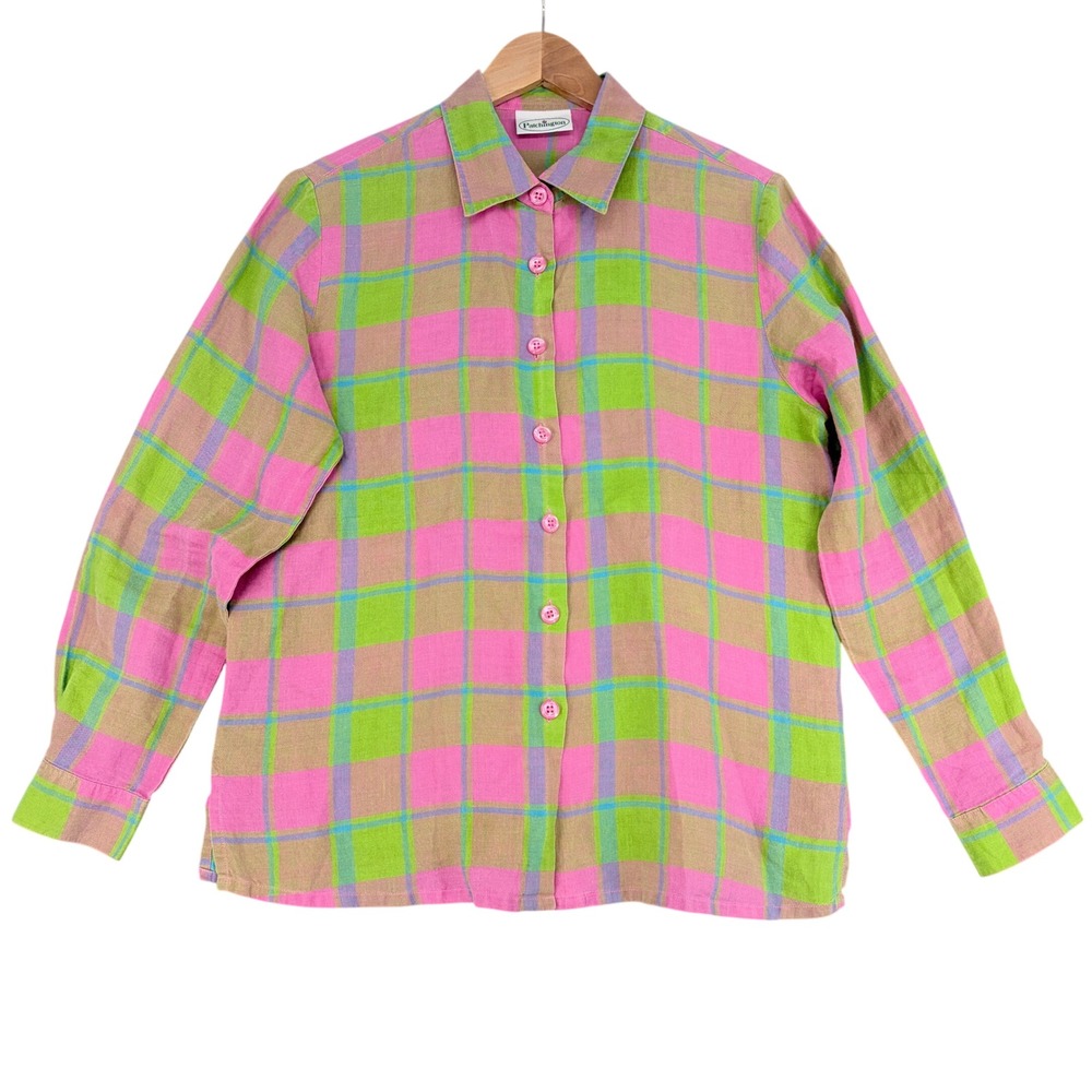 Patchington Women Pink Green Plaid Linen Button Down Shirt Long Sleeve Large